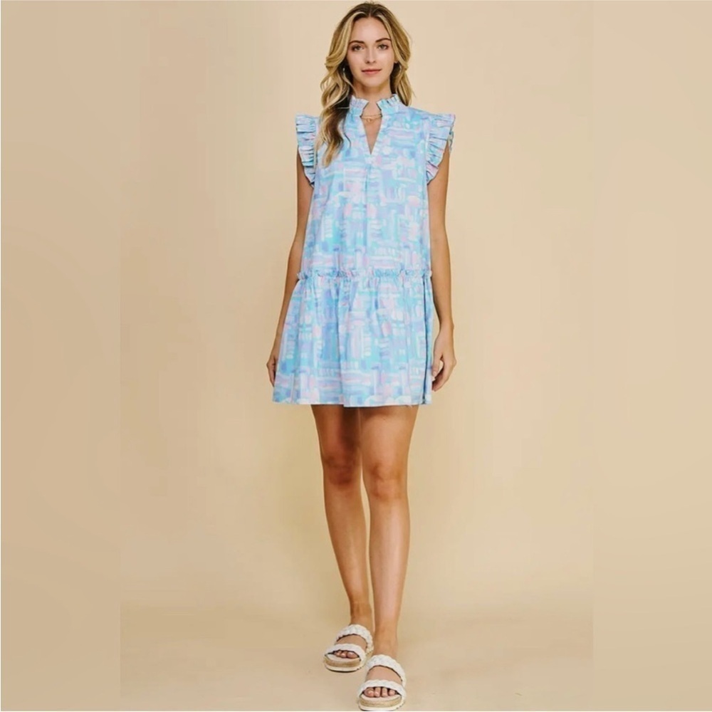 Pinch Watercolor Ruffle Sleeve Drop Waist Shift Mini Dress Blue Pink Size L